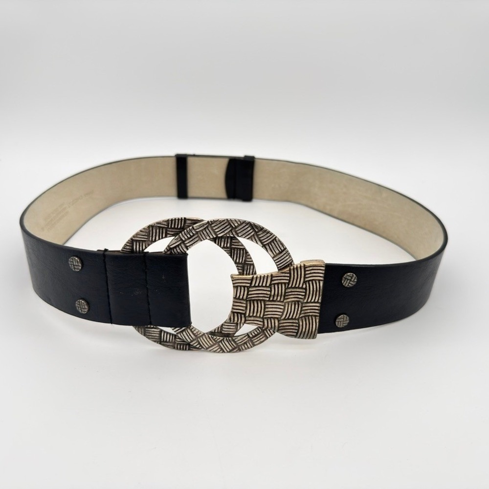Chico's Black Wide Adjustable Belt Silver Double Ring‎ Statement Buckle ML